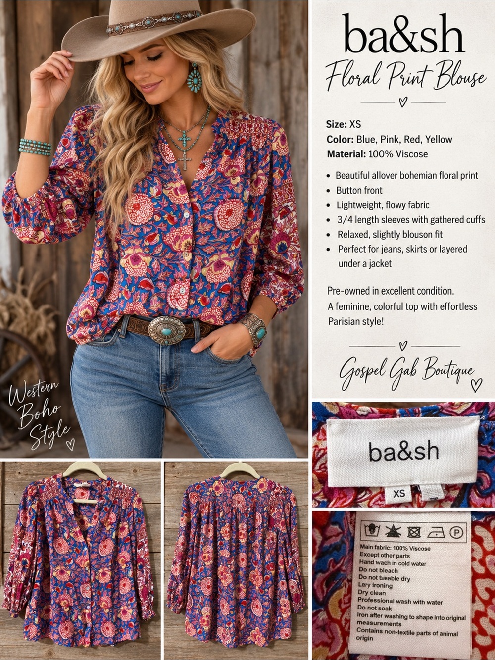 ba&sh Floral Print Blouse XS 100% Viscose Boho Button Front Top